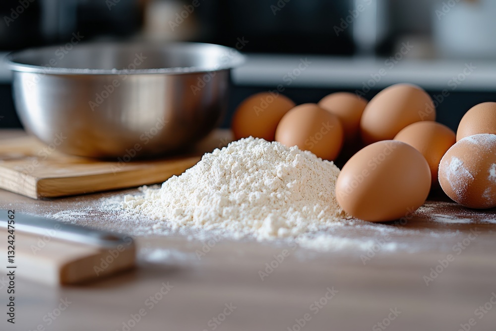 This image showcases a heap of flour on a rustic table, complemented by fresh eggs, setting the perfect scene for delightful baking adventures in the kitchen. This image showcases a heap of flour on a rustic table, complemented by fresh eggs, setting the perfect scene for delightful baking adventures in the kitchen.