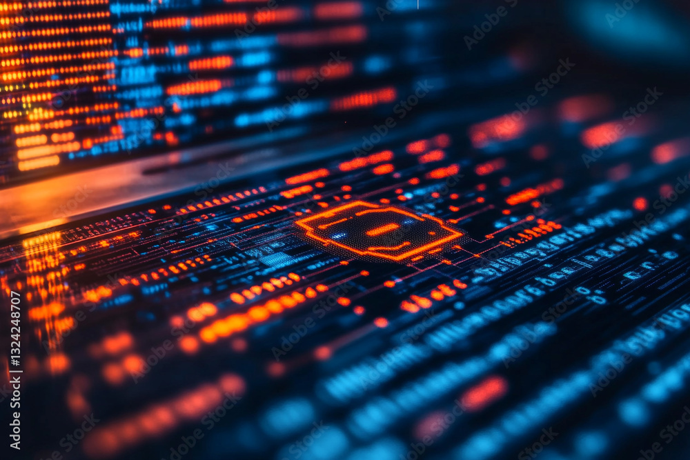 Abstract digital circuit board technology background with orange and blue glow data code cyber future Abstract digital circuit board technology background with orange and blue glow data code cyber future