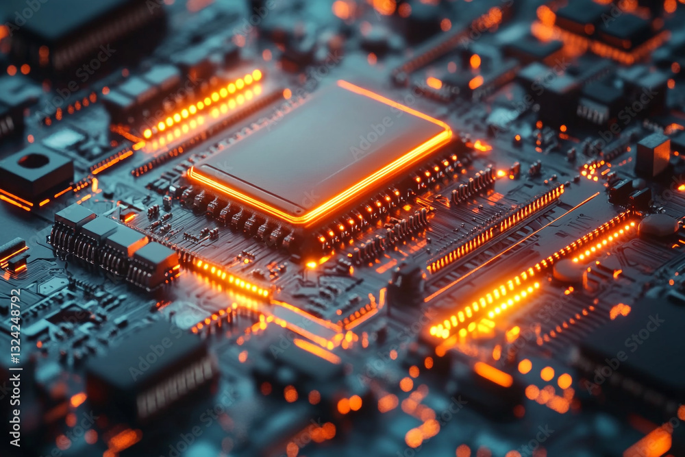 Closeup view of a modern illuminated computer circuit board with a central processor dark chip tech Closeup view of a modern illuminated computer circuit board with a central processor dark chip tech