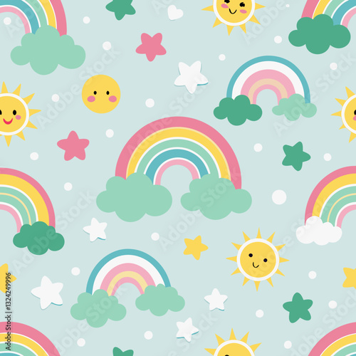 A Whimsical Rainbow Paradise: A joyful, seamless pattern with playful rainbows, fluffy clouds, radiant suns, and twinkling stars. It's a vibrant, inviting scene that's bursting with color.