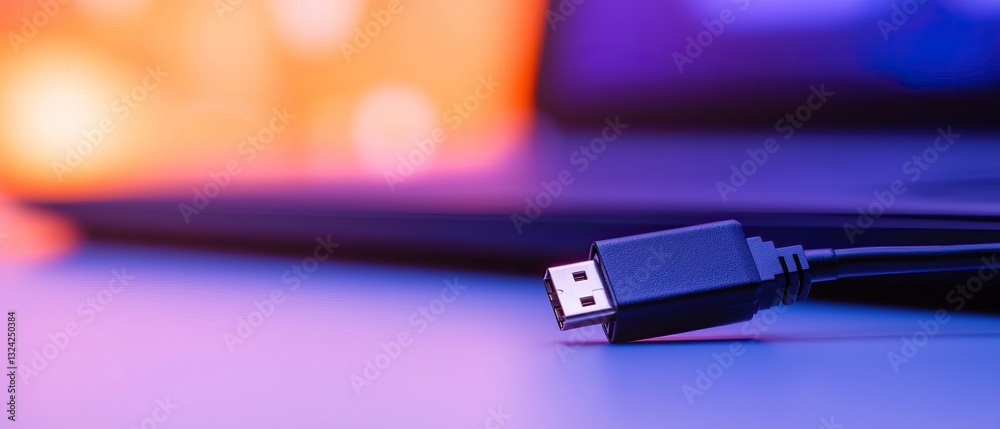 A close-up image of a USB cable connector with a blurred background of a laptop, featuring vibrant purple and orange lighting. A close-up image of a USB cable connector with a blurred background of a laptop, featuring vibrant purple and orange lighting.