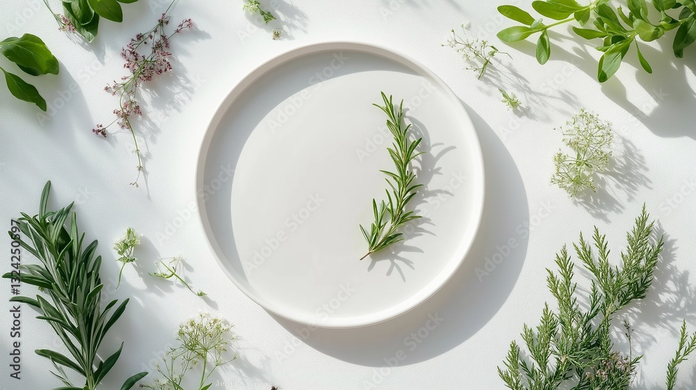 Fresh organic herbs and greens arranged in a minimalist flat lay on a clean surface for culinary inspiration Fresh organic herbs and greens arranged in a minimalist flat lay on a clean surface for culinary inspiration