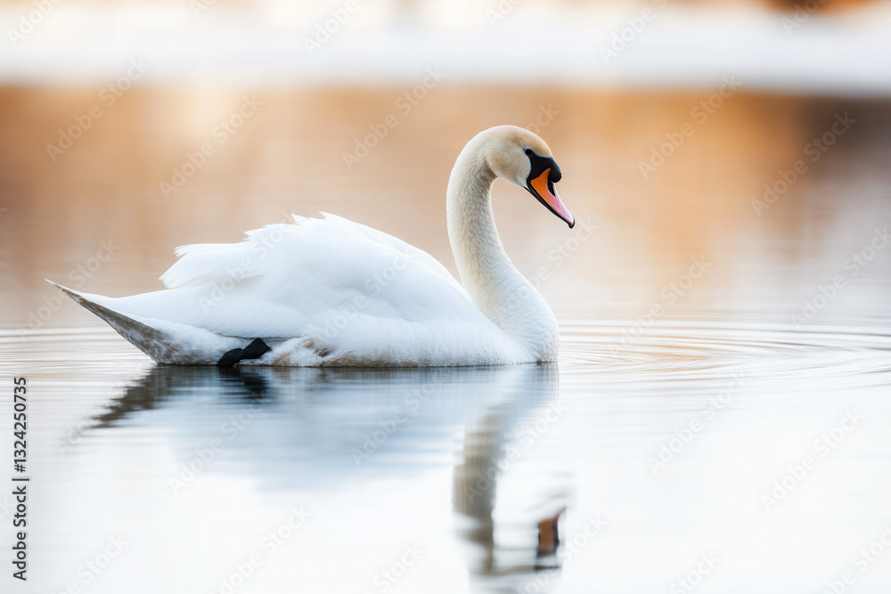 Obraz premium Graceful swan swimming in tranquil waters at sunrise nature photography serene environment close-up view
