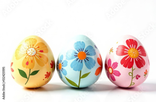 Colorful eggs with floral pattern isolated on white background.