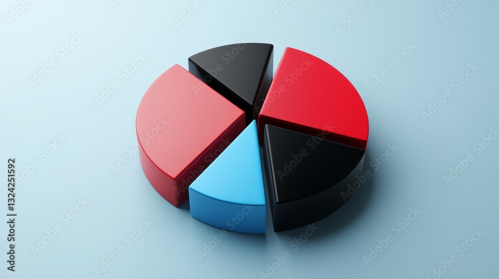 Obraz premium A minimalist D pie chart with black, red, and blue segments, ideal for financial data visualization