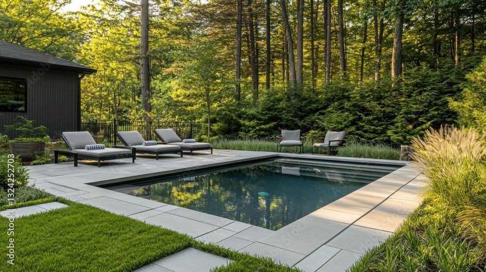 Obraz premium Modern pool patio, sun loungers, backyard, wooded house