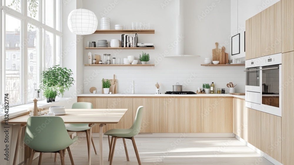 Fototapeta premium A Scandinavian kitchen with light wood cabinets, white walls, a pop of mint green, and a minimalist dining nook
