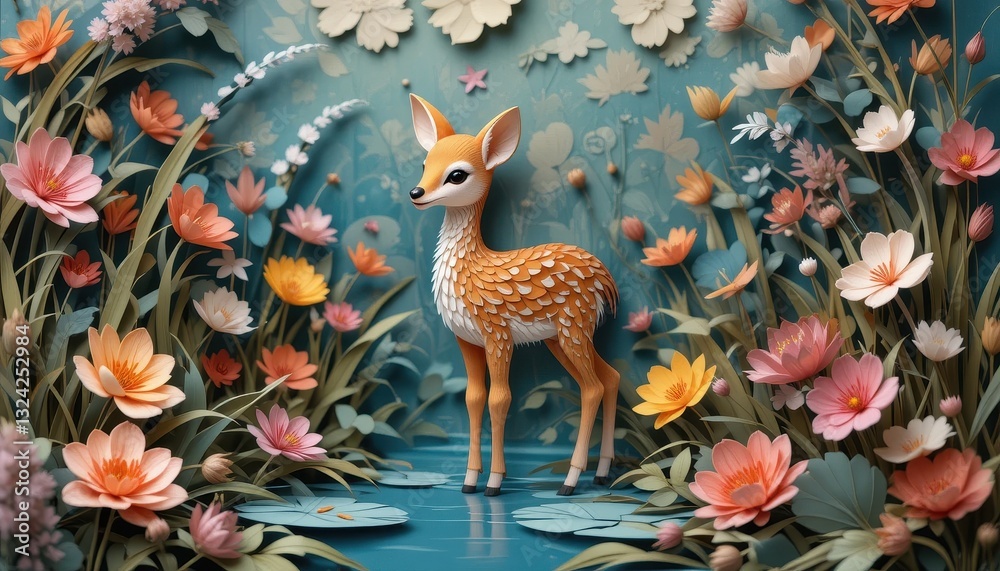 Naklejka premium Adorable Paper Deer in a Vibrant Floral Meadow Artistic Nature Scene