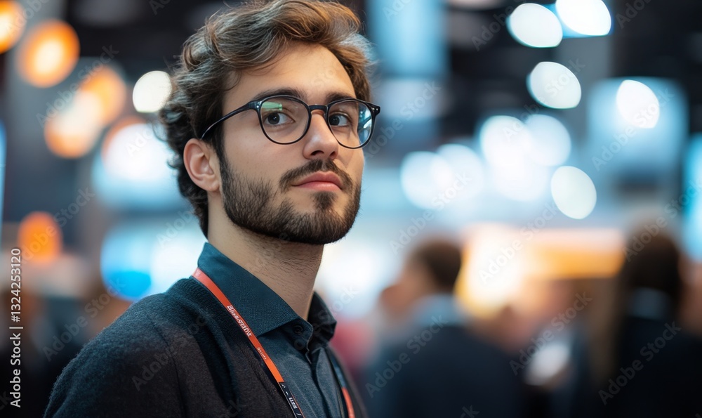 Obraz premium a man with glasses looking at the camera, blurry background.