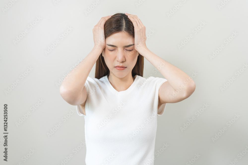 Dizzy asian young woman, girl headache or migraine pain suffering from vertigo or sick, holding head with hand, health problem of brain or inner ear not balance, standing isolated on white background. Dizzy asian young woman, girl headache or migraine pain suffering from vertigo or sick, holding head with hand, health problem of brain or inner ear not balance, standing isolated on white background.