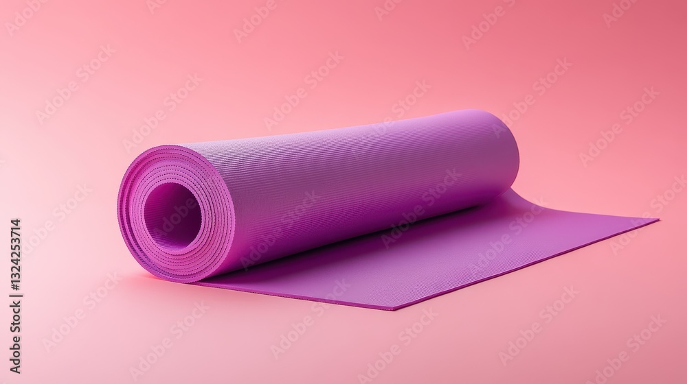 A rolled purple yoga mat, its surface smooth and textured, lay gracefully against a vibrant pink backdrop, inviting a moment of tranquility amidst the chaos. A rolled purple yoga mat, its surface smooth and textured, lay gracefully against a vibrant pink backdrop, inviting a moment of tranquility amidst the chaos.
