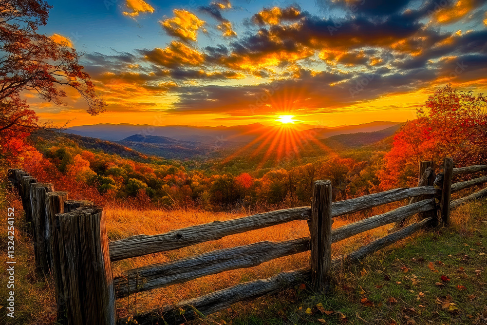 Obraz premium A wooden fence in the middle of a grassy field with a sunset in the background