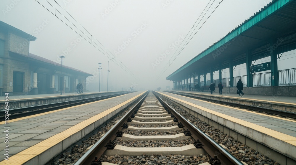 PM2.5 Urban Fog Concept, Foggy Train Station with Faint Outlines of Platforms and Tracks in Hazy Atmosphere PM2.5 Urban Fog Concept, Foggy Train Station with Faint Outlines of Platforms and Tracks in Hazy Atmosphere