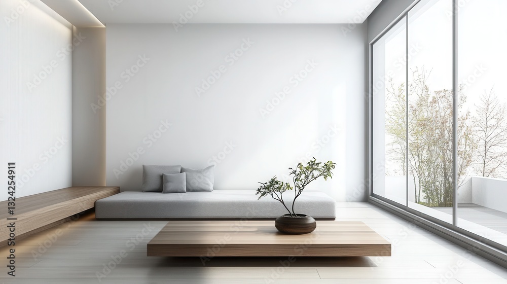 Fototapeta premium a minimalist living room with white walls, a low-profile gray sofa, a sleek wooden coffee table, and a large floor-to-ceiling window. 