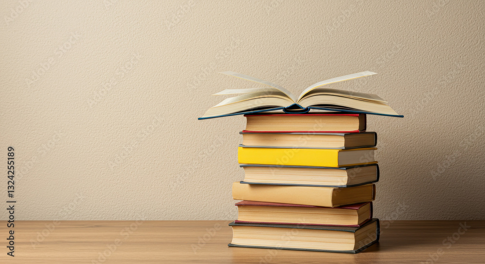 Fototapeta premium Stacked Books: Open Knowledge, Reading, Learning & Education | Academic Books on Wooden Table | Colorful Books