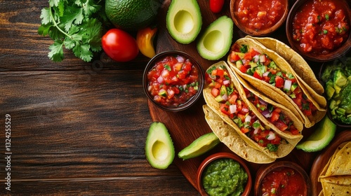 HD top view of a taco spread with salsa and avocado on a wooden table, creating a festive atmosphere.