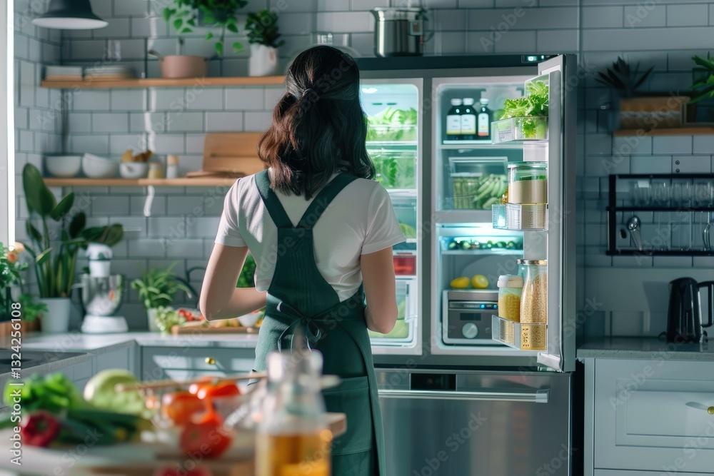 sharp picture of Woman in apron standing at open refrigerator in kitchen sharp picture of Woman in apron standing at open refrigerator in kitchen