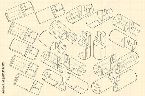 Mechanical engineering drawings on sepia background. Cutter, assembly tool with replaceable multi-faceted plate. Technical Design. Cover. Blueprint. Vector illustration.