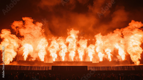 Gigantic concert stage engulfed in flames with powerful pyro effects