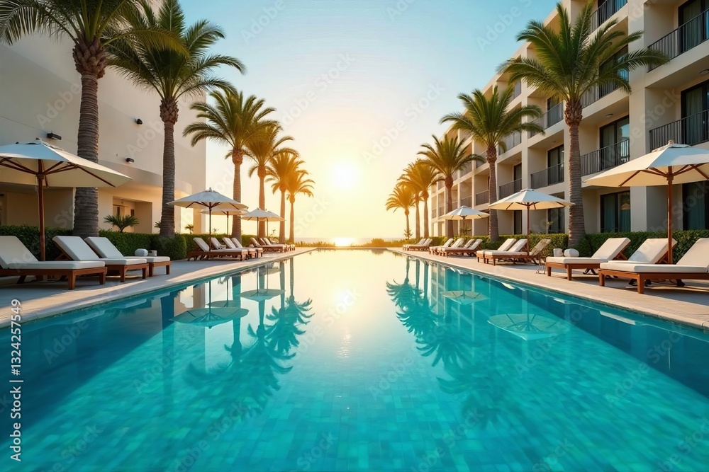 Sunlit swimming pool at exclusive hotel with palm trees, sunbathing, high-end, serene Sunlit swimming pool at exclusive hotel with palm trees, sunbathing, high-end, serene