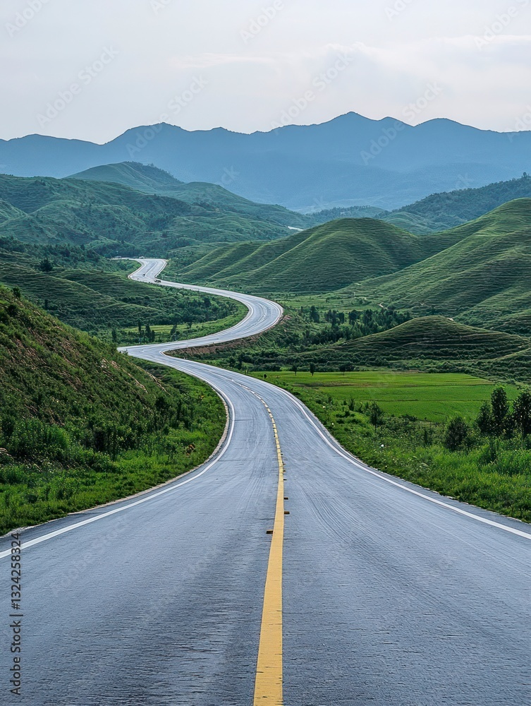 Naklejka premium Driving on Winding Road Through Green Hills and Distant Mountains
