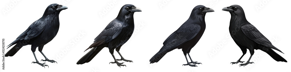 Fototapeta premium Four ravens displaying various poses and expressions on a transparent background.