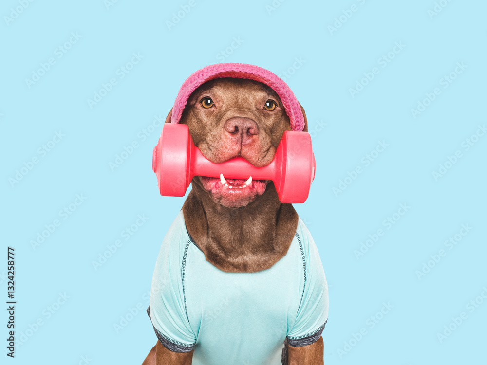 Cute dog, red cap and dumbbell. Preparing for training. Close-up, indoors. Studio shot. Concept of care, education, obedience training and raising pets Cute dog, red cap and dumbbell. Preparing for training. Close-up, indoors. Studio shot. Concept of care, education, obedience training and raising pets