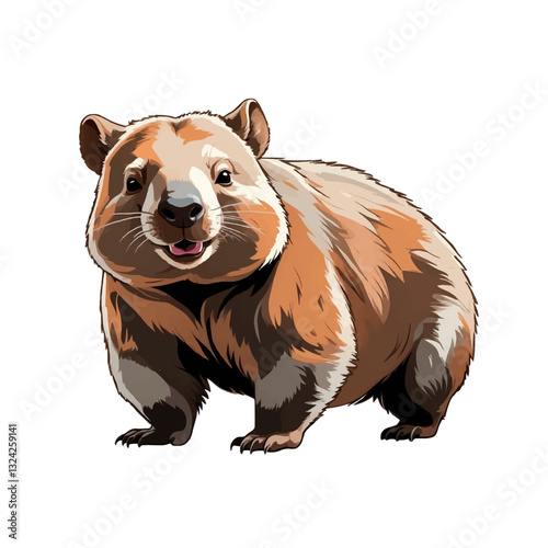 Cute and fluffy wombat standing on all fours in a forest setting with a cheerful expression