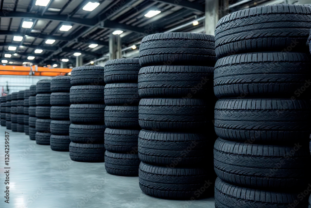 Stack of new tires at a warehouse.created with the help of artificial intelligence. Stack of new tires at a warehouse.created with the help of artificial intelligence.