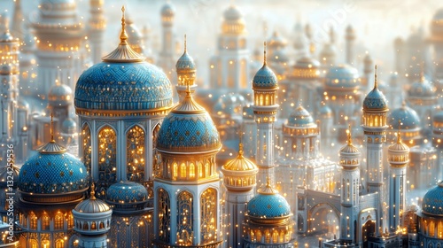 Surreal cityscape of Persian miniature-inspired domes and towers
