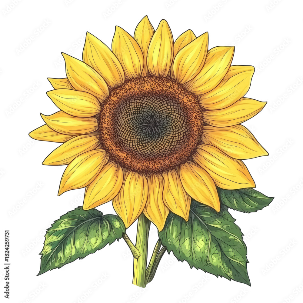 Fototapeta premium Vibrant sunflower with detailed petals and leaves, capturing the essence of summer.