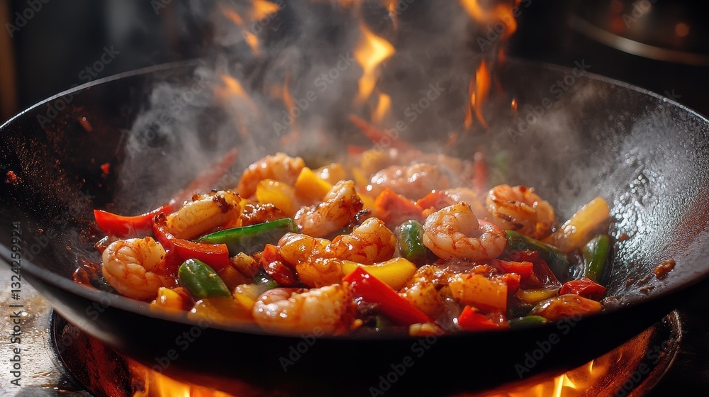 A symphony of flavors unfolds in a black wok, where vibrant stir-fried vegetables and shrimp dance with a fiery kick, illuminated by the flickering light of the wok s surface, with chili peppers A symphony of flavors unfolds in a black wok, where vibrant stir-fried vegetables and shrimp dance with a fiery kick, illuminated by the flickering light of the wok s surface, with chili peppers