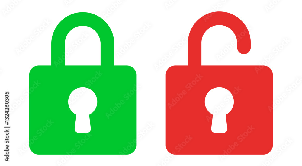 Lock icon set isolated on transparent. Security and protection symbol. Locked and unlocked icon. Red and green color Lock icon set isolated on transparent. Security and protection symbol. Locked and unlocked icon. Red and green color