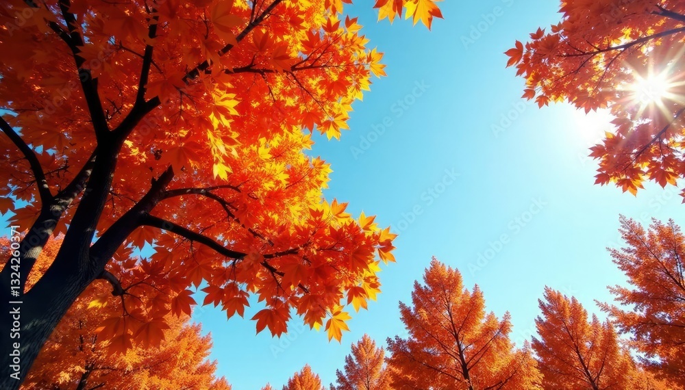 Burnt orange trees against a blue sky with sunlight filtering through leaves, foliage, nature, sky Burnt orange trees against a blue sky with sunlight filtering through leaves, foliage, nature, sky