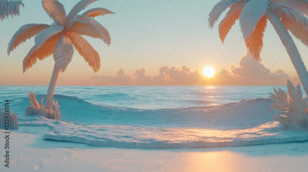 Fototapeta premium Pastel-colored sky with smooth handcrafted ocean waves 3D paper cut palm trees and a golden sun setting over the beach.