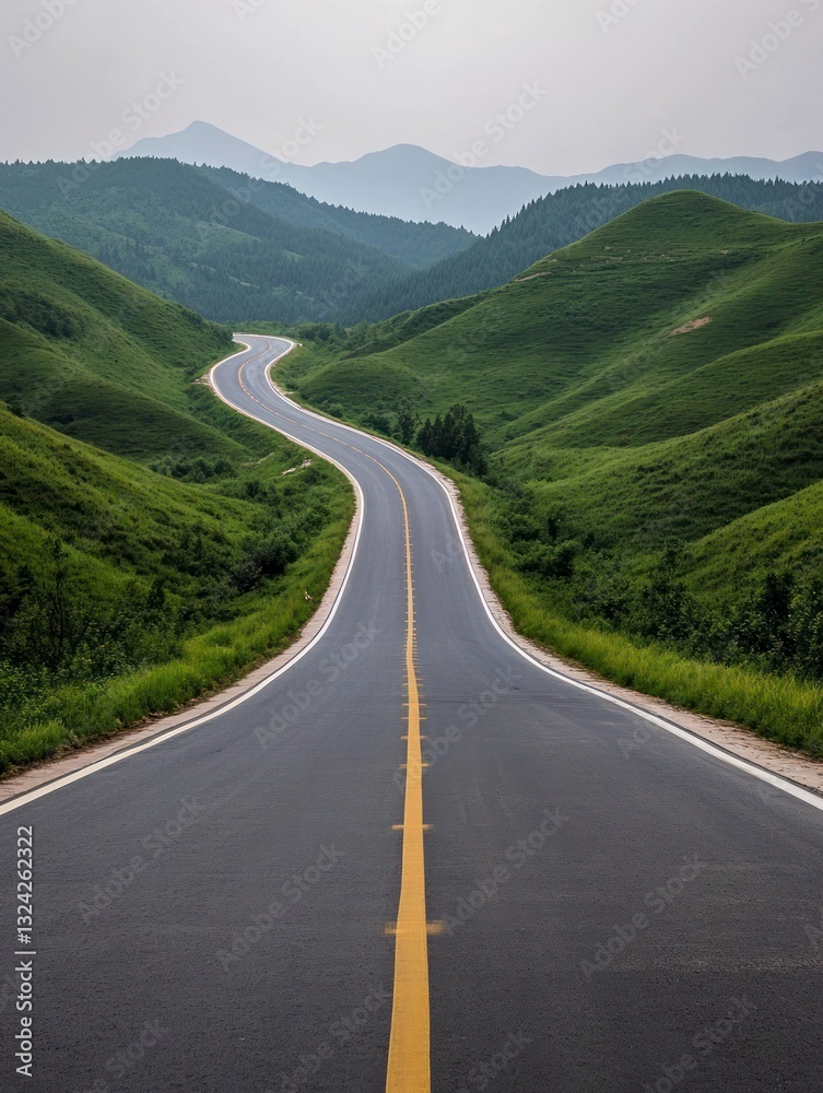 Fototapeta premium Driving Along Scenic Country Road Through Green Hills and Distant Mountains