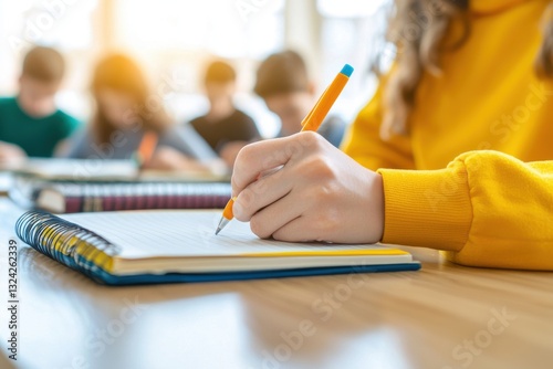A student writes in a notebook during a classroom session, highlighting focus and engagement in learning.