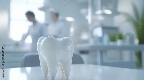 Ceramic tooth model in modern dental office with blurred dentists in background