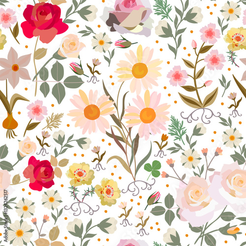 Beautiful floral seamless pattern with spring and summer flowers