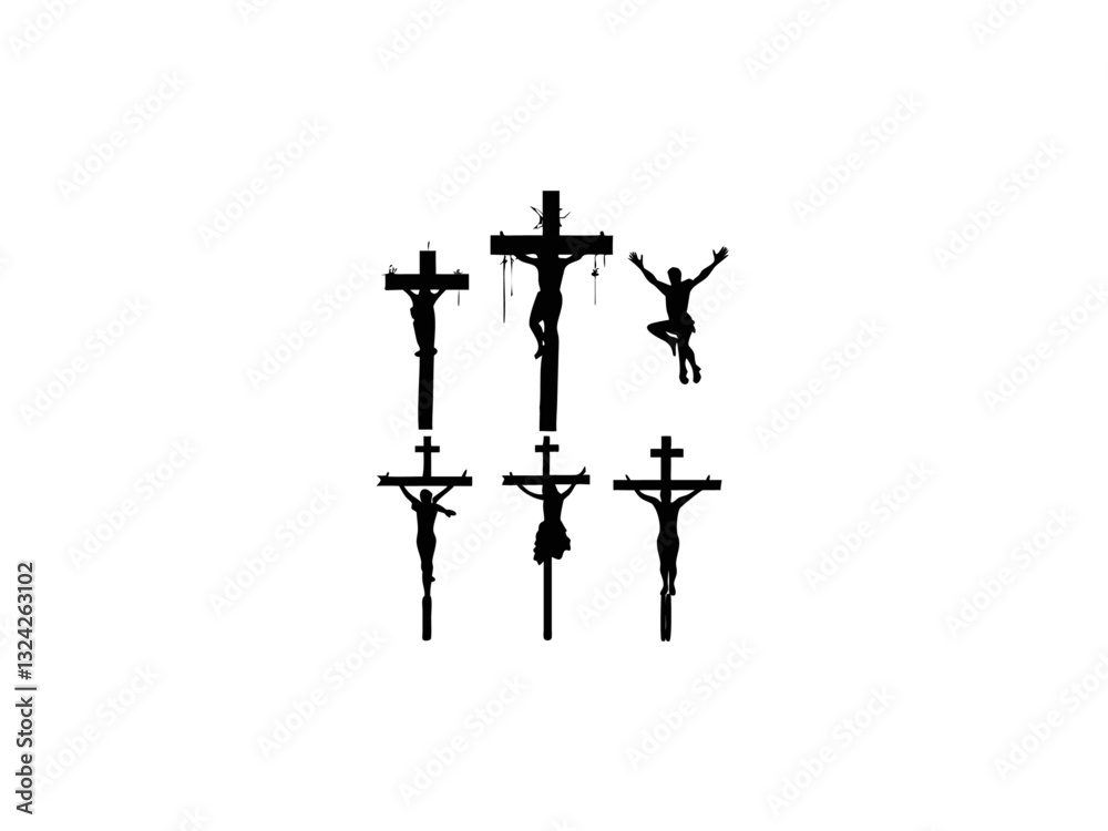 A black and white silhouette of Jesus on the cross, with several figures depicted above it. Multiple crucifixion depictions of Jesus. A black and white silhouette of Jesus on the cross, with several figures depicted above it. Multiple crucifixion depictions of Jesus.