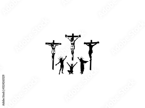 A black and white silhouette of Jesus on the cross, with several figures depicted above it. Multiple crucifixion depictions of Jesus.