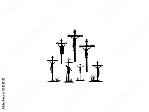 A black and white silhouette of Jesus on the cross, with several figures depicted above it. Multiple crucifixion depictions of Jesus.