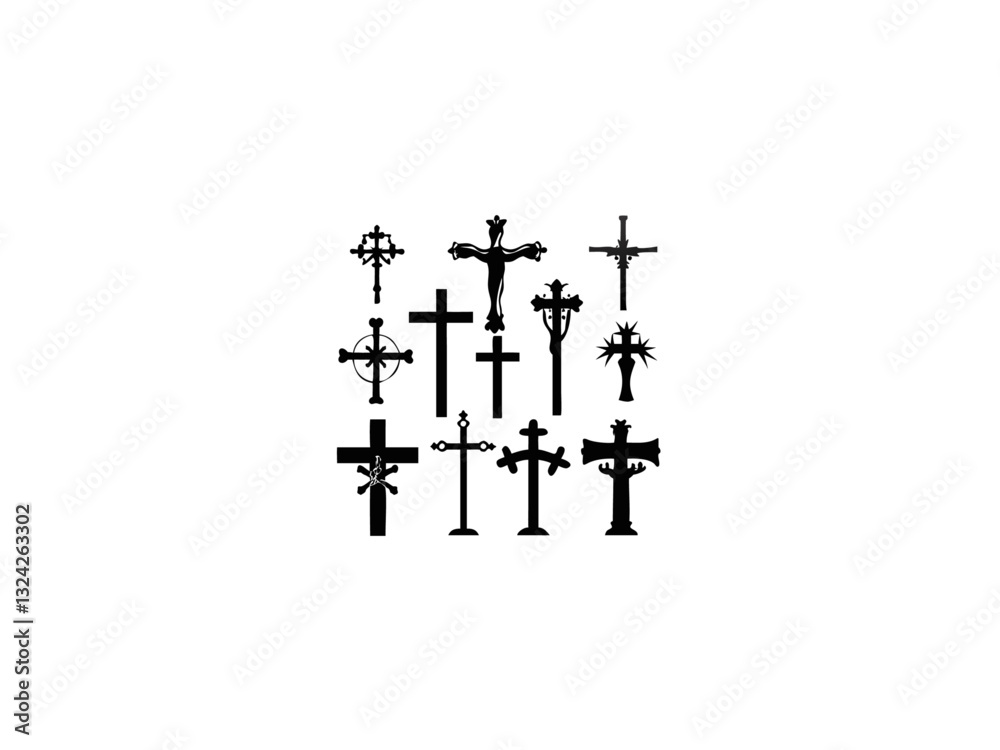 A black and white silhouette of Jesus on the cross, with several figures depicted above it. Multiple crucifixion depictions of Jesus. A black and white silhouette of Jesus on the cross, with several figures depicted above it. Multiple crucifixion depictions of Jesus.