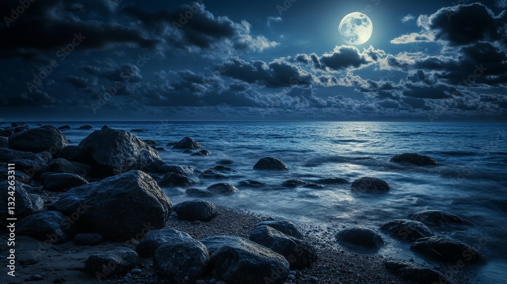 A moonlit ocean scene at night. Rocks on the shore, dark clouds in the sky. Perfect for travel brochures or as a nautical wallpaper.
A moonlit ocean scene at night. Rocks on the shore, dark clouds in the sky. Perfect for travel brochures or as a nautical wallpaper.
