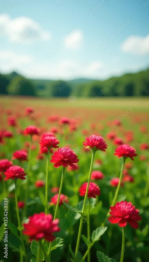 Field of red clover flowers swaying gently in the breeze, landscape, nature