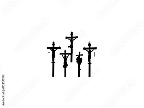 A black and white silhouette of Jesus on the cross, with several figures depicted above it. Multiple crucifixion depictions of Jesus.
