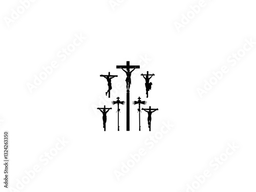 A black and white silhouette of Jesus on the cross, with several figures depicted above it. Multiple crucifixion depictions of Jesus.