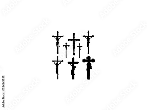 A black and white silhouette of Jesus on the cross, with several figures depicted above it. Multiple crucifixion depictions of Jesus.
