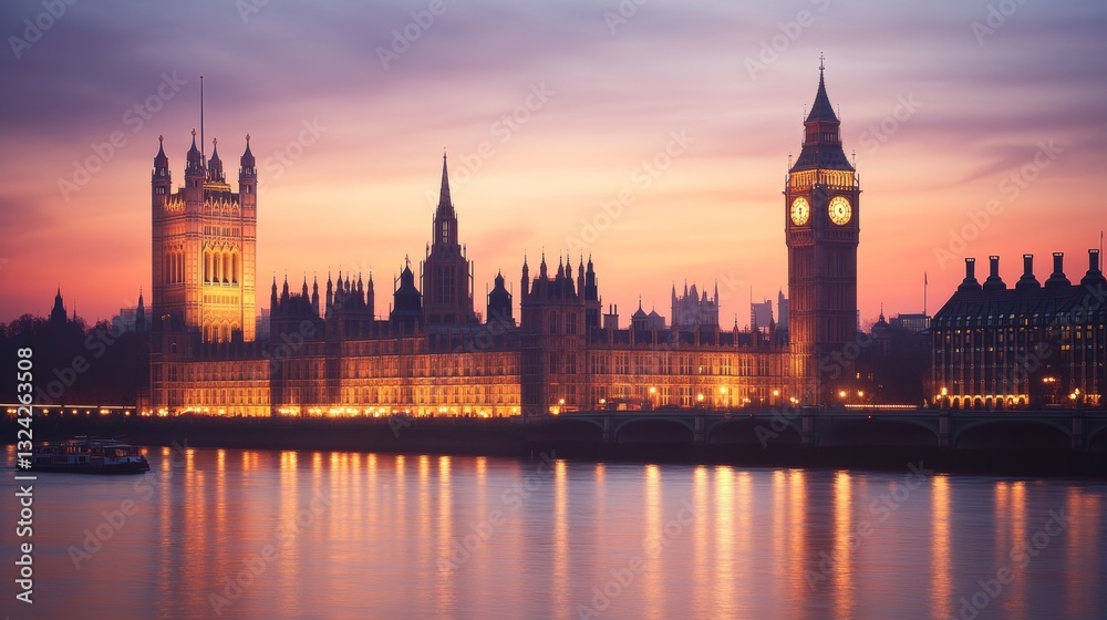 Fototapeta premium A peaceful London evening scene shows Big Ben and Parliament lit up at dusk. 