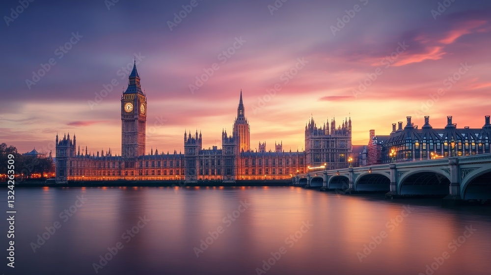 Obraz premium A peaceful London evening scene shows Big Ben and Parliament lit up at dusk. 